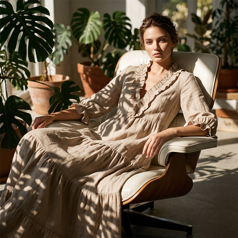 Women Ruffle V-Neck Tiered Maxi Dress