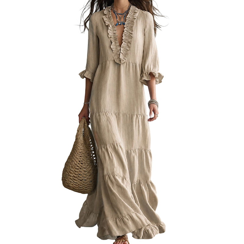Women Ruffle V-Neck Tiered Maxi Dress