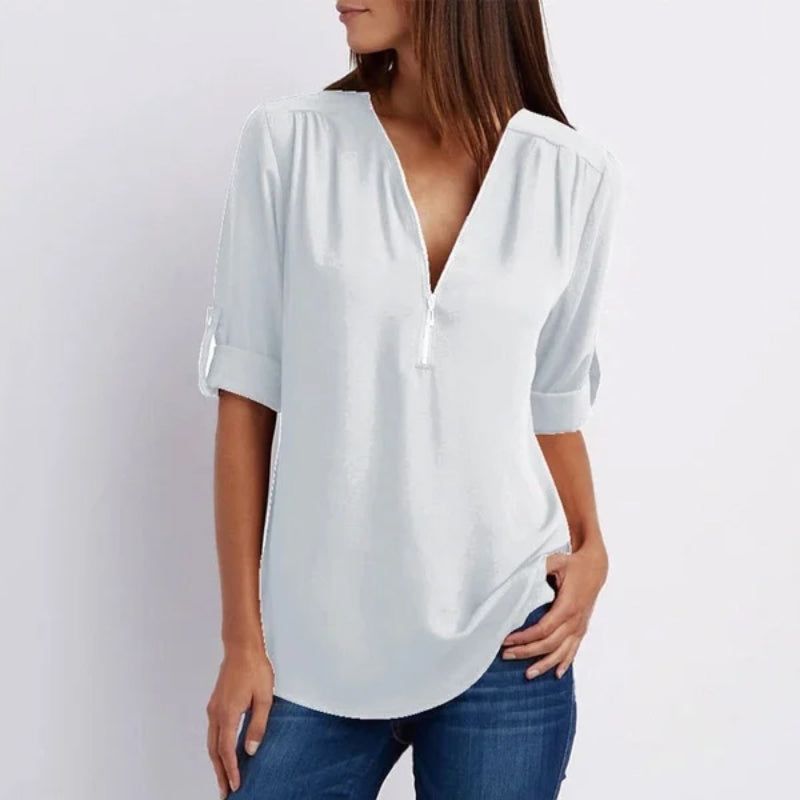 Women's V-neck Zipper Plus Size Long-sleeved Chiffon Shirt