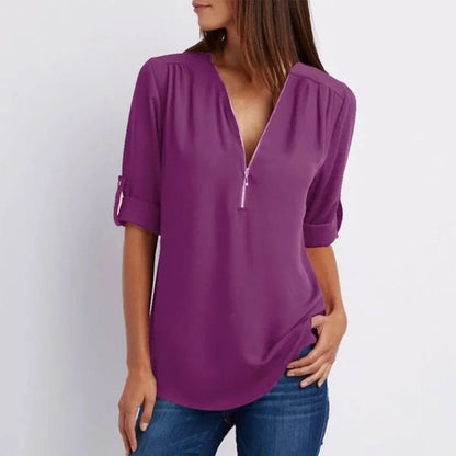 Women's V-neck Zipper Plus Size Long-sleeved Chiffon Shirt