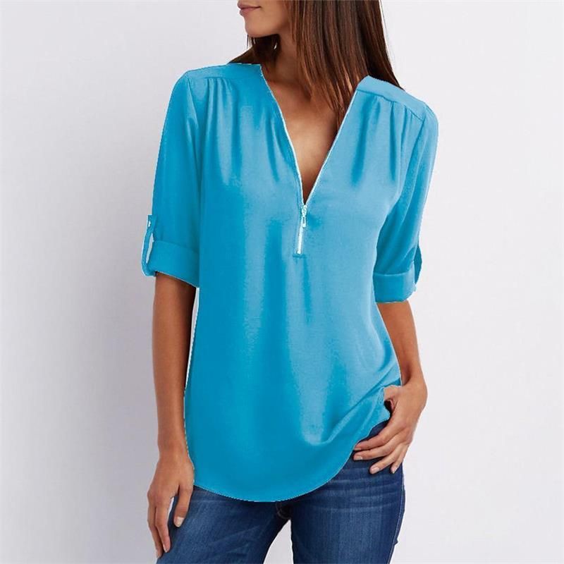 Women's casual zippered V-neck shirt