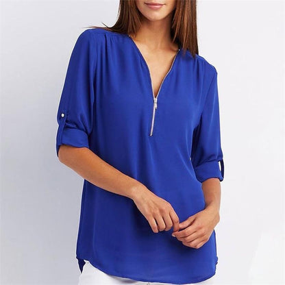 Women's casual zippered V-neck shirt