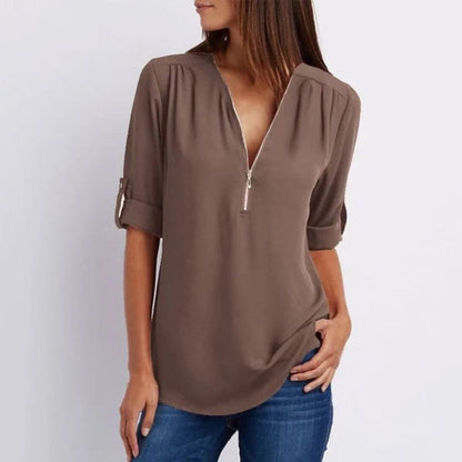 Women's casual zippered V-neck shirt