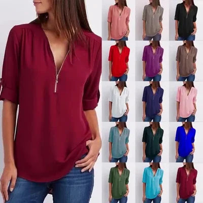 Women's V-neck Zipper Plus Size Long-sleeved Chiffon Shirt