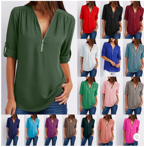 Women's V-neck Zipper Plus Size Long-sleeved Chiffon Shirt