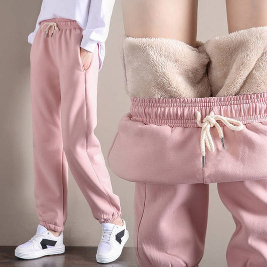 Women Warm Fleece Cotton Round Neck Solid Joggers Sweatpants (SIZE:S-5XL)