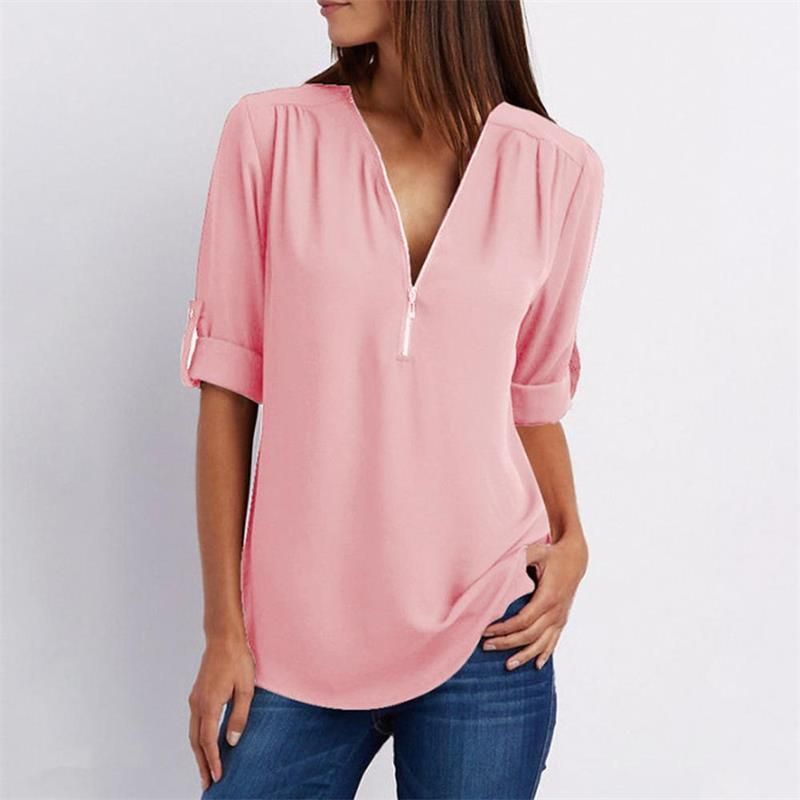 Women's V-neck Zipper Plus Size Long-sleeved Chiffon Shirt