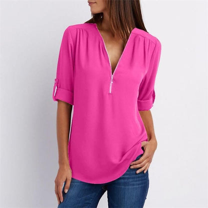 Women's V-neck Zipper Plus Size Long-sleeved Chiffon Shirt