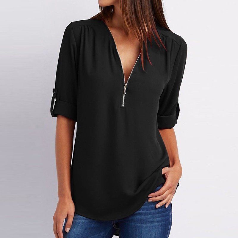 Women's casual zippered V-neck shirt