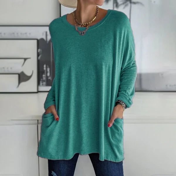 Round Neck Long Sleeve Loose Pocket Solid T-Shirt