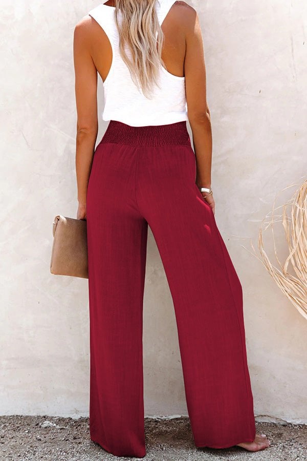 2023 Hot Sale Linen Blend High Rise Smocked Pants