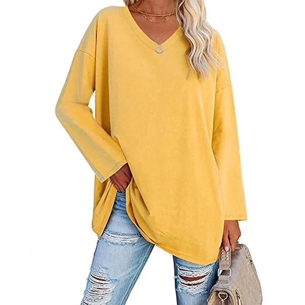 Women's loose long sleeve fashion V-neck knit top